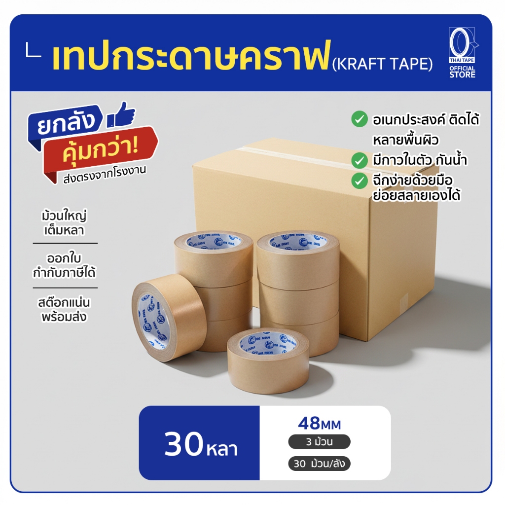 Big Shark  เทปกระดาษกาวในตัว, Kraft tape ขนาด 48 มม. X 30 หลา X จำนวน 3 ม้วน