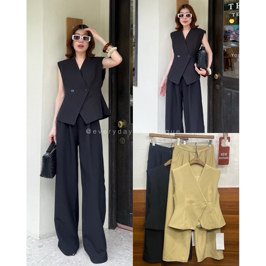 5658 🥨New Arrival🥨 STUDIOX2 SLEEVELESS SUIT SET (790฿ฟรีส่ง) เสื้อเวสสูทไหล่ล้ำ กระดุมคู่ มาคู่กับกางเกงทรงขากระบอก