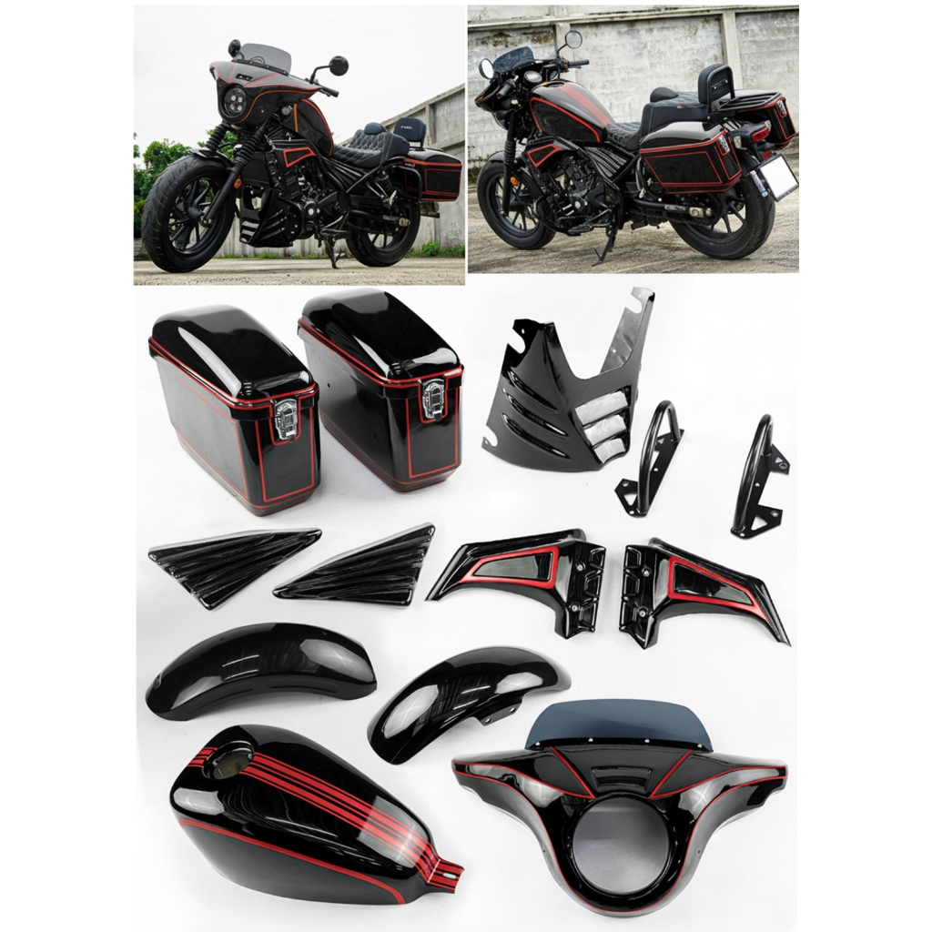 ชุดแต่งครบเซ็ต Honda Rebel 300 สีดำตัดเส้นแดง  BY MAXRACING777