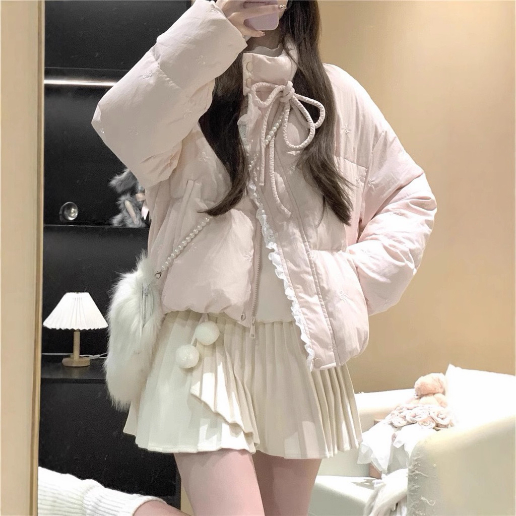 พร้อมส่ง เสื้อแจ็คเก็ตสีชมพูปักโบว์