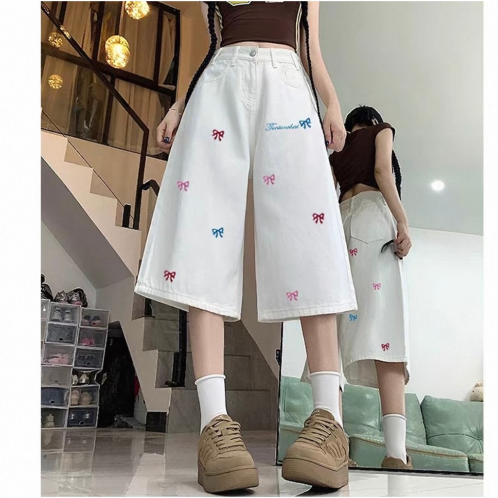 พร้อมส่ง S-10XL กางเกงยีนส์ 7 ส่วน 4 กระเป๋า งานปักโบว์ ผ้ายีนส์นิ่มไม่บางระบายอากาศได้ดี ราคา ถูกที่สุด ดีลบีเคเค แกลเลอรีภาพที่ 5