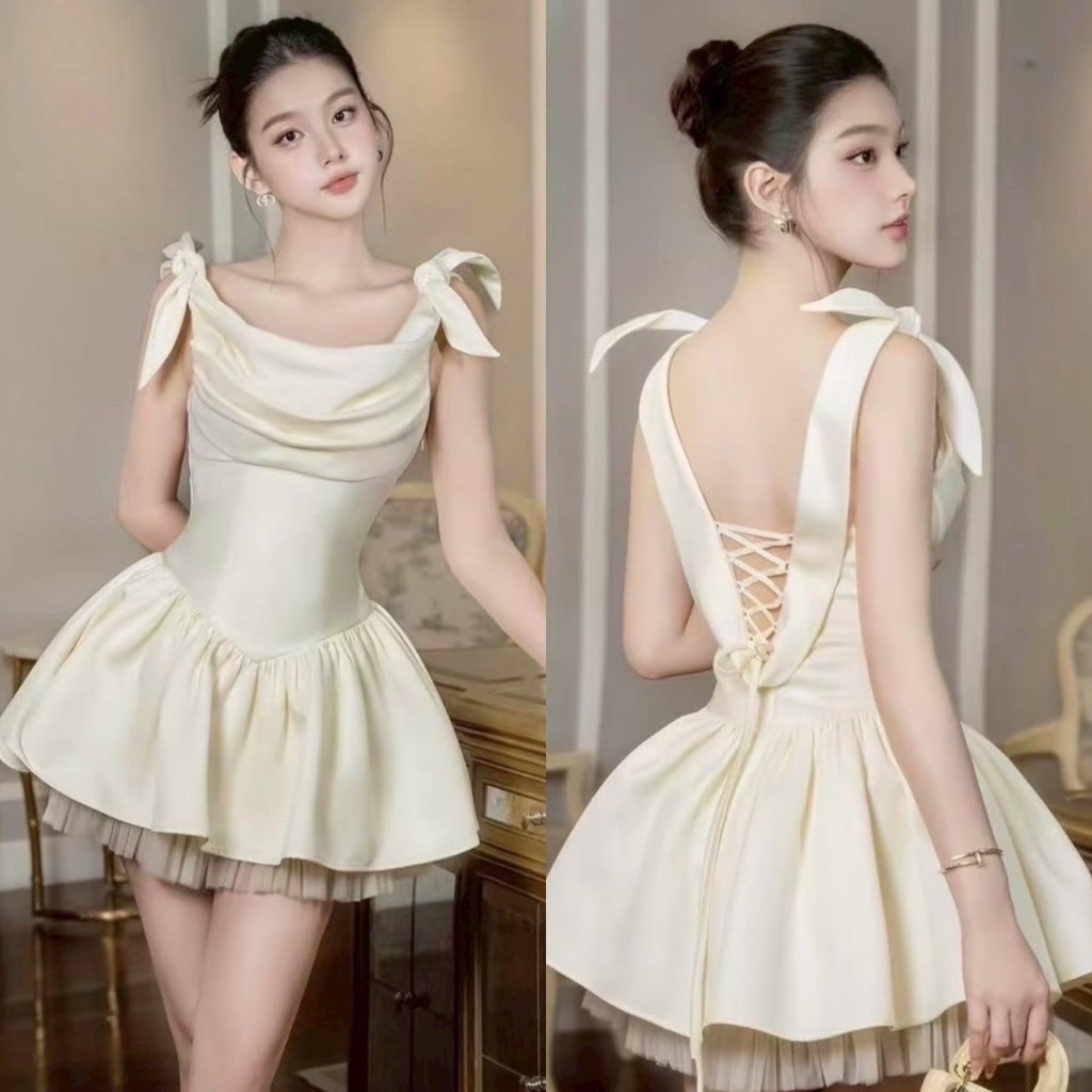 AURORA BRAND 8756-4187 ชุดเดรสสั้นมีซับใน ด้านหลังมีสายผูกปรับได้