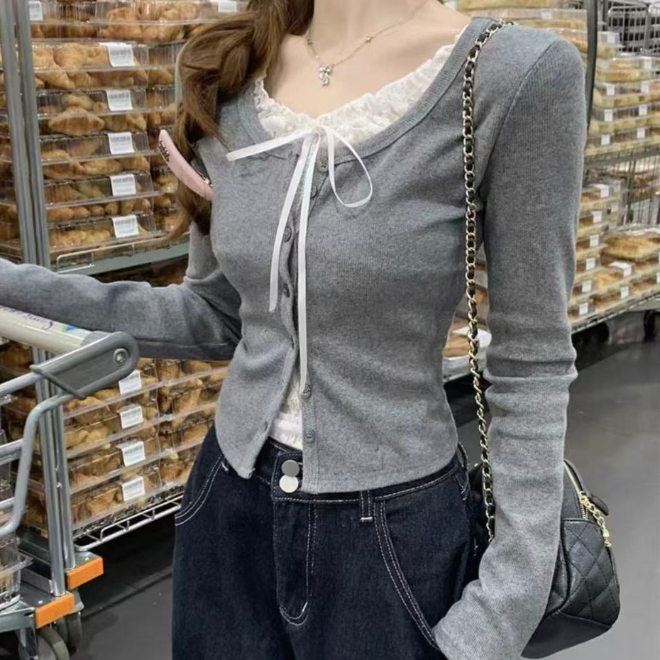 เสื้อไหมพรมคาร์ดิแกน ผ้านุ่มใส่สบายไม่ร้อน แฟชั่นของสาวเกาหลี ดีแต่งลูกไม้ด้านใน ผูกโบว์ #091