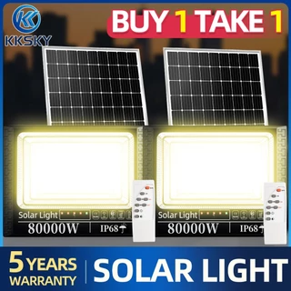 KKSKY แสงสีเหลือง ไฟโซล่าเซลล์ IP68 กันน้ำกลางแจ้ง 80000W Solar Light แสงอุ่น สว่างอัตโนมัติเมื่อฟ้ามืดหลอดไฟ รีโมท led