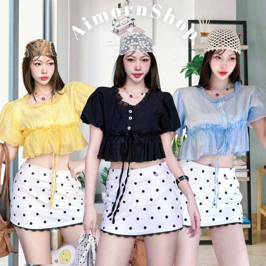 🔥aimorn_shop🔥เสื้อครอป แขนตุ๊กตา คอกลมแต่งระบาย ผ้าโรซี่บาง มีซับด้านในให้ ดีเทลผูกโบว์น่ารักๆ