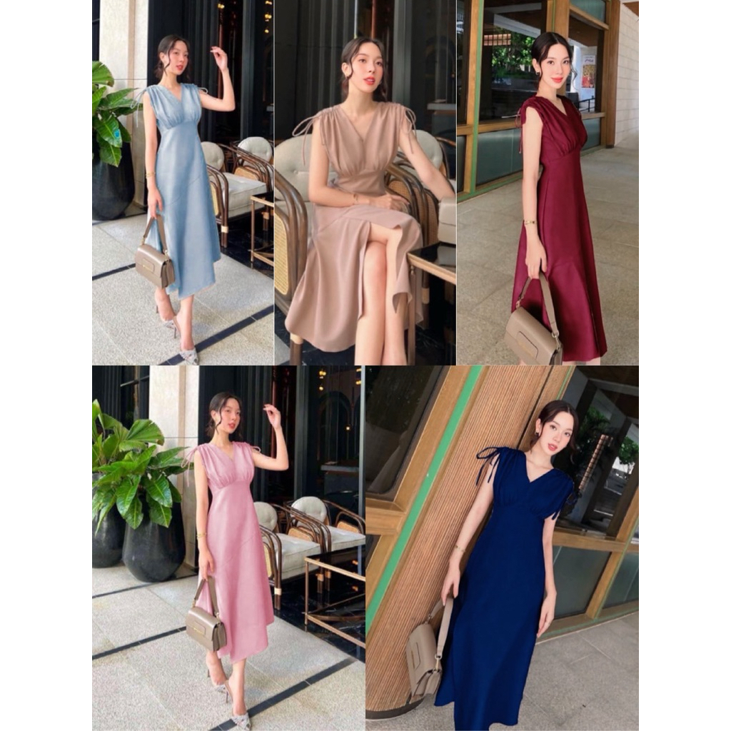 New 💜🩷เดรสชุดราตรี ใส่ออกงาน S/M/L ทรงแขนกุดอกย่นจับจีบ ทรงไหล่ผูกโบว์รูดได้ ทรงสวยเข้ารูป กระโปรงแหวกผ่าแหวกข้าง ทรงเก๋