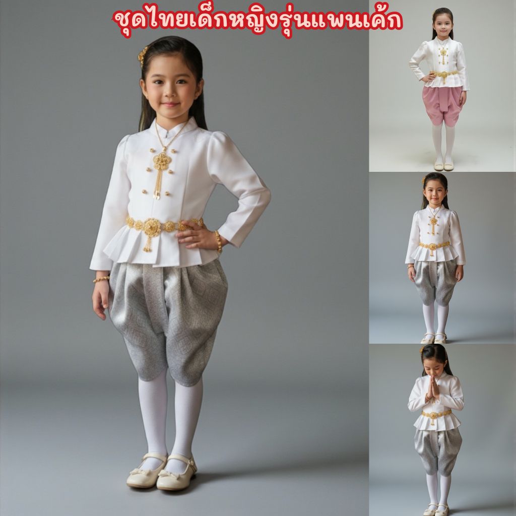 Ns // ชุดไทยเด็กผู้หญิง "รุ่นแพนเค้ก" เสื้อ + โจงกระเบน แถมสร้อยคอสีทอง 1 เส้น ผ้าไหมเนื้อดี ไม่ร้อน ไม่คัน