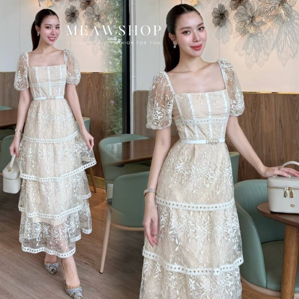 S-3XL ชุดเดรสยาวผ้าลูกไม้สีครีม ดีไซน์คอเหลี่ยม แขนสั้น แต่งระบาย สำหรับงานสังคม ชุดออกงาน ชุดไปงาน 