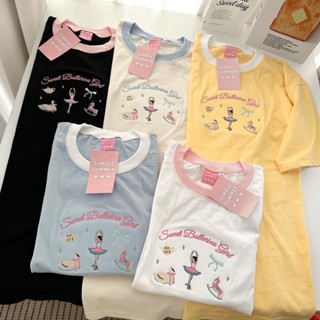 S375 เสื้อยืด oversize ผ้าคอตตอน คอสี ปัก บัลเล่ต์