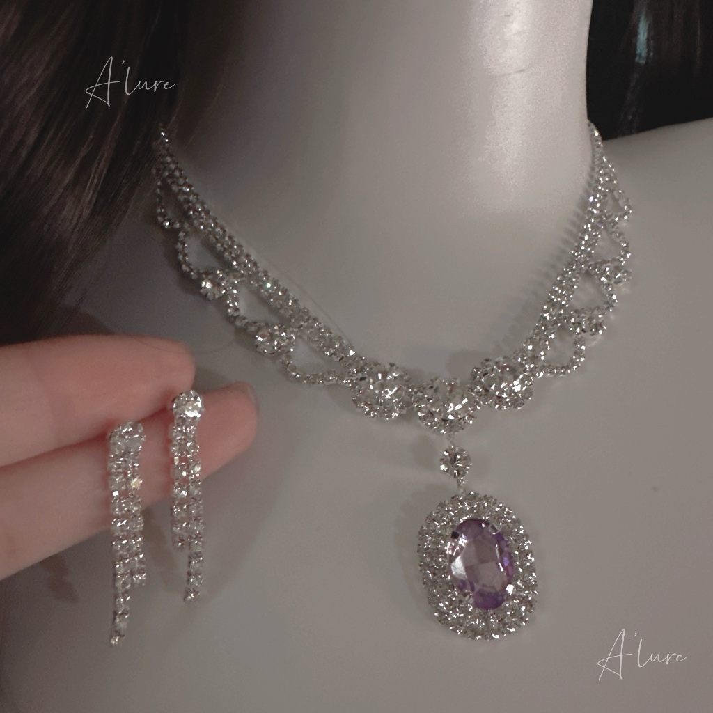 ‧₊˚ พร้อมส่ง สร้อยเพชร จี้สีม่วง 𓂃 ࣪ ִֶָ☾. ได้ต่างหูด้วยจ้า 𓂃 ࣪ ִֶ