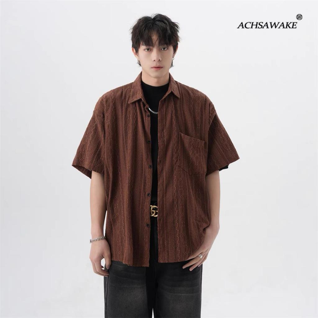 ACHSAWAKE เสื้อผู้ชายตัดแขนสั้นแฟชั่นคุณภาพดีหลวม