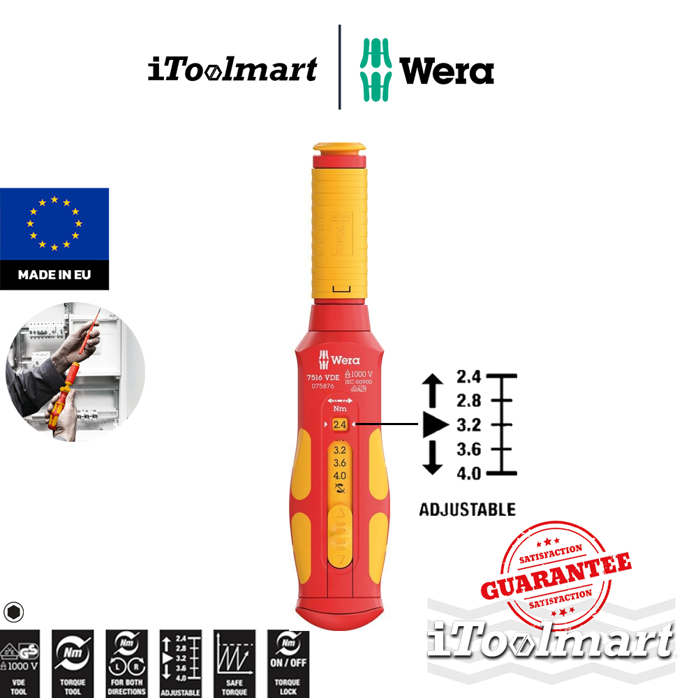 WERA ไขควงทอร์ค 9.0 7516 VDE Kraftform Safe-Torque Speed Torque screwdriver แรงบิด 2.4-4.0 Nm 050758