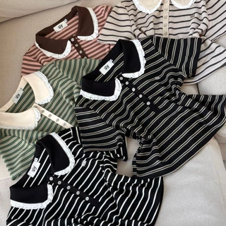 SISSY : เสื้อโปโลแขนสั้น (XS-XXL) คอบัวแต่งขอบลูกไม้ 2 ชั้น ปักอะไหล่เงิน ผ้าถัก cotton แมทซ์ง่ายทุกลุค