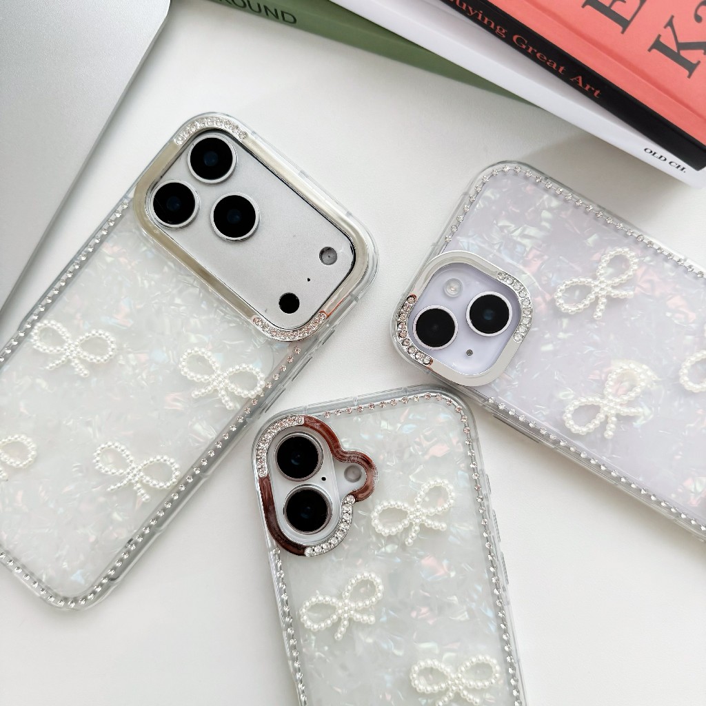 case for iPhone 17 pro max โบว์มุก ขอบติดเพชร กล้องเงิน ขอบนิ่ม สำหรับไอโฟน17 17promax 16promax 15promax 14promax 13 11