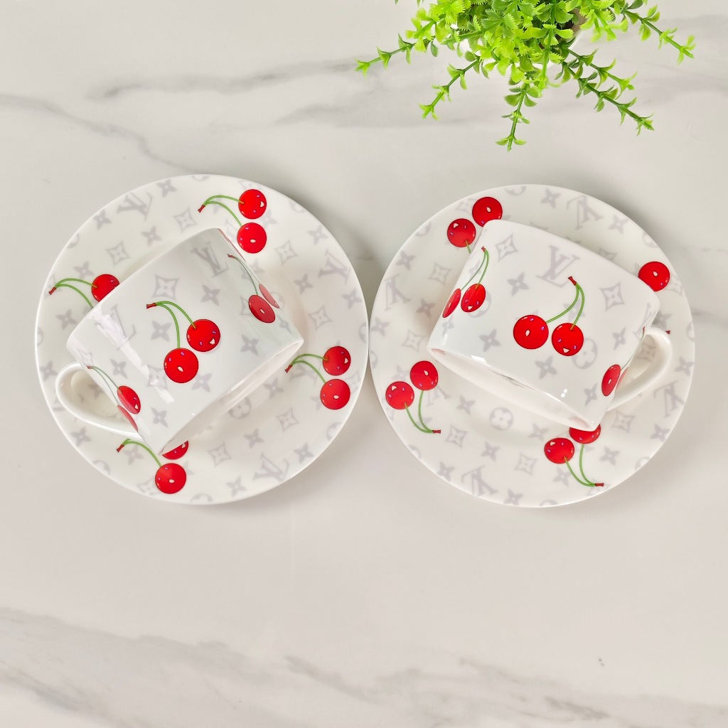 LV's New Cherry Bone Porcelain Double Cup Plate Light Luxury Bone Porcelain Coffee Cup Plate Set