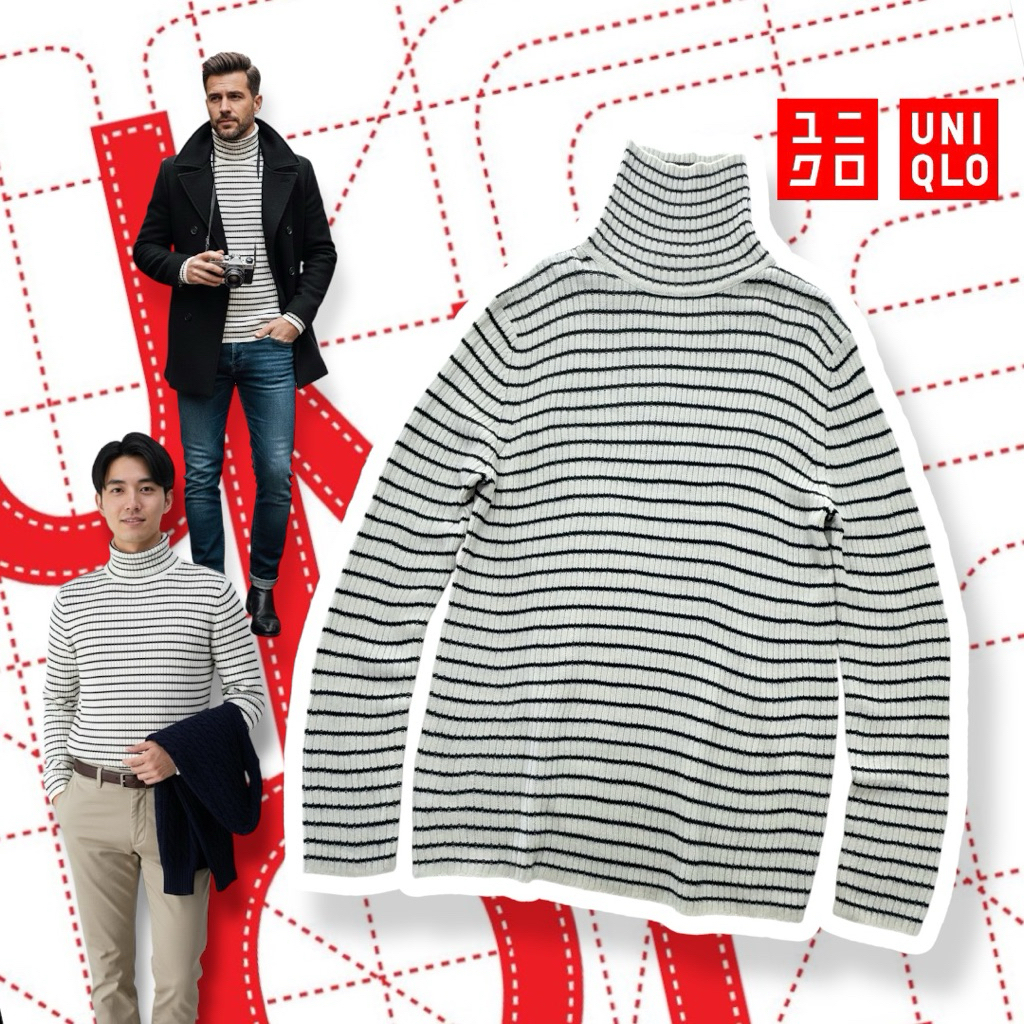 UNIQLO Men's Turtleneck Sweater in White and Black Stripes ทรง slim
