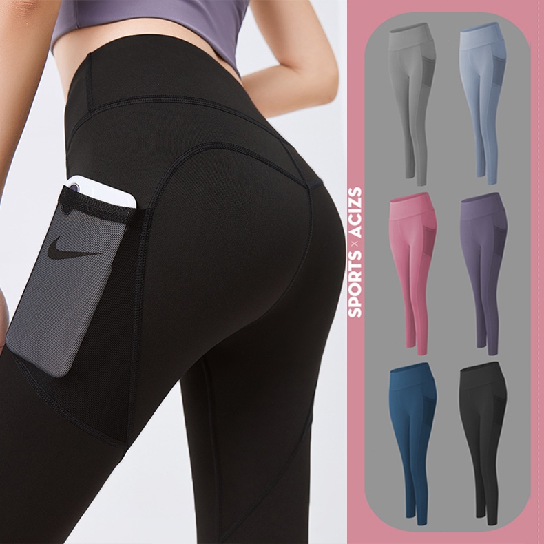 mvp sport กางเกงโยคะขายาว กางเกงเลกกิ้ง  กางเกงออกกำลังกายผู้หญิง แบบไร้ตะเข็บหน้าเป้าไม่ยิ้ม กระเป๋าข้าง