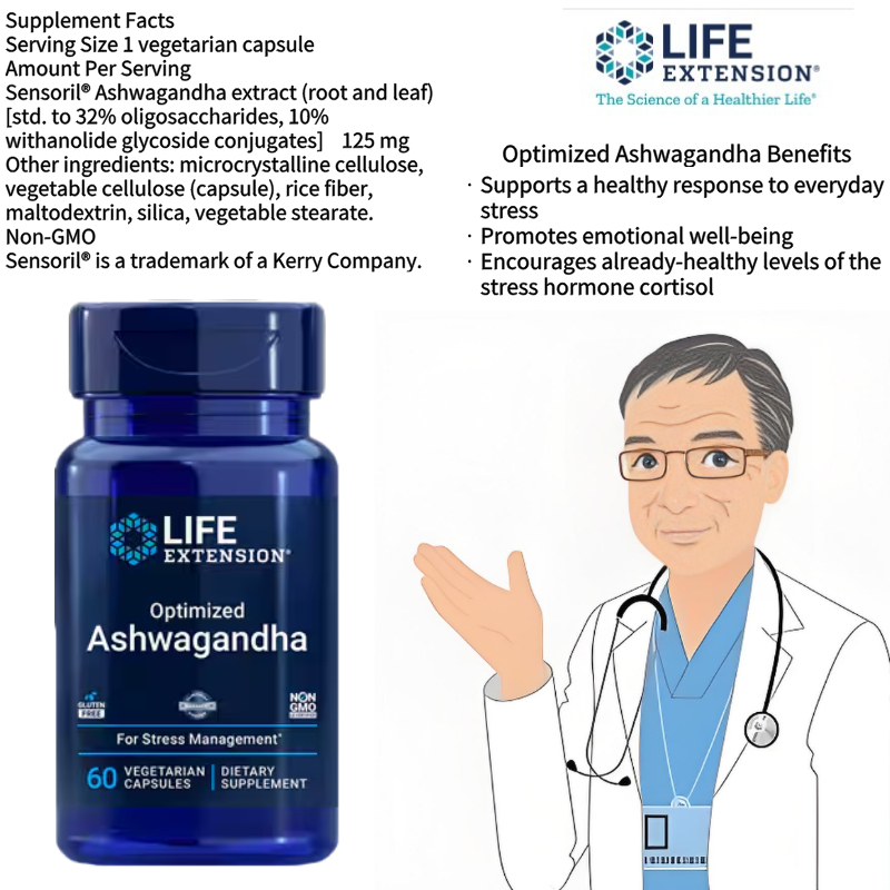 Life Extension Optimized Ashwagandha promotes a healthy response to stress 60 capsules Item # 00888