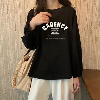 เสื้อแขนบอลลูนสไตล์เกาหลี oversize เสื้อผ้าสาวอวบแฟชั่นน่ารักๆ ลายตัวหนังสือ เสื้อยืดแขนยาวผู้หญิงกําลังฮิตใหม่ล่าสุด