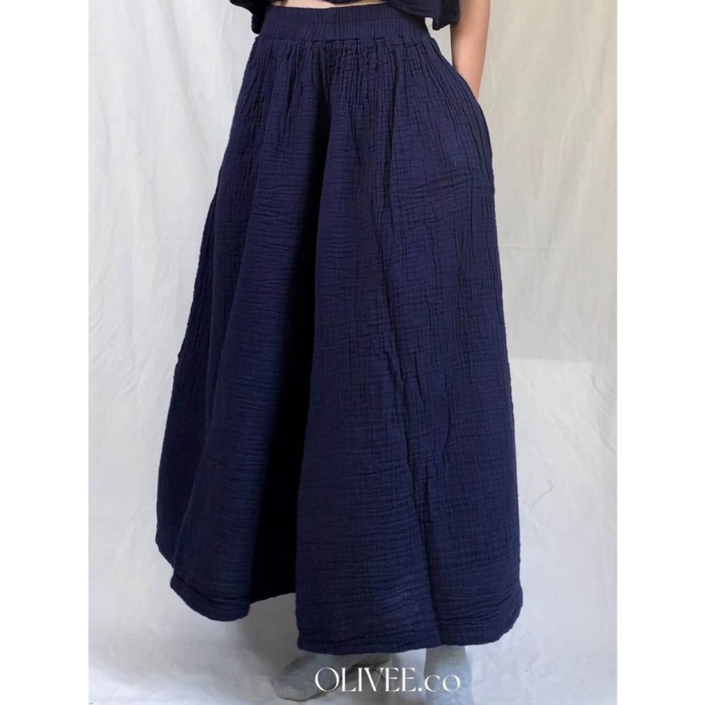 OLIVEE.co : Summer Cotton Pants กางเกงขายาวผ้าสาลูอบย่น มีกระเป๋าข้าง