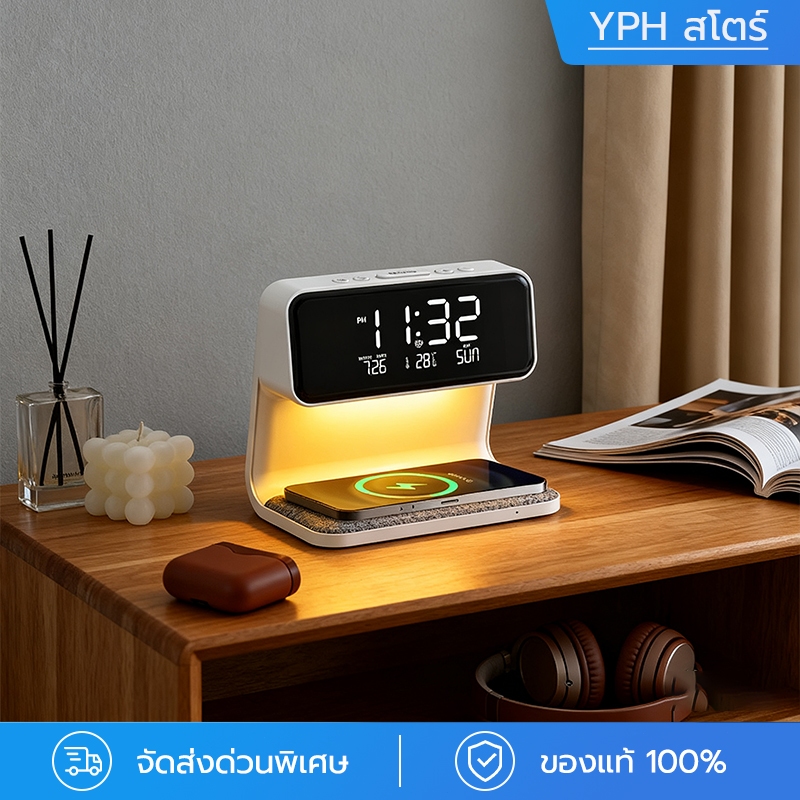 โคมไฟหัวเตียงชาร์จไร้สาย | นาฬิกาดิจิตอล | หรี่แสงสัมผัส 3 ระดับ | วางชาร์จมือถือได้