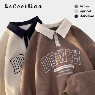💥Becoolman💥 เสื้อโปโลลําลองแขนยาวผู้ชายผู้หญิงวาฟเฟิลปกหลวมคู่สวมใส่ 3 สี