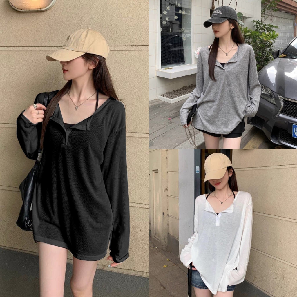 เสื้อเเขนยาวลำลอง เสื้อยืดทรงหลวม กันเเดด เเต่งกระดุมหน้า เปิดไหล่ได้ สไลต์เลซี่ #2414
