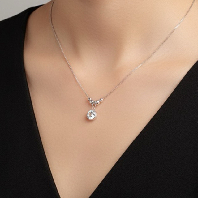 Sterling Silver Box Chain Necklace with CZ Drop & Beads