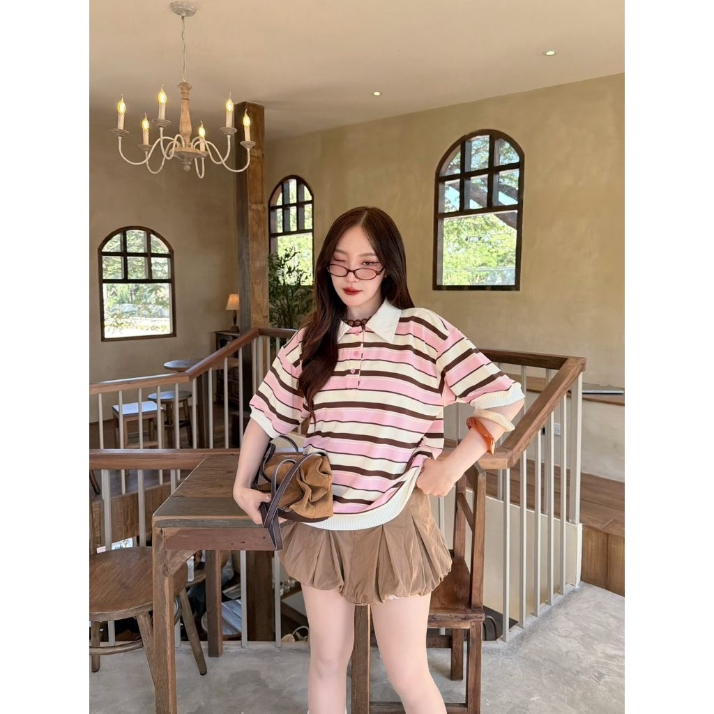 Polo top  : เสื้อคอปกโปโลแขนสั้นลายริ้ว กระดุมใช้งานจริง ผ้านิ่มใส่สบาย ราคา ถูกที่สุด ดีลบีเคเค แกลเลอรีภาพที่ 6