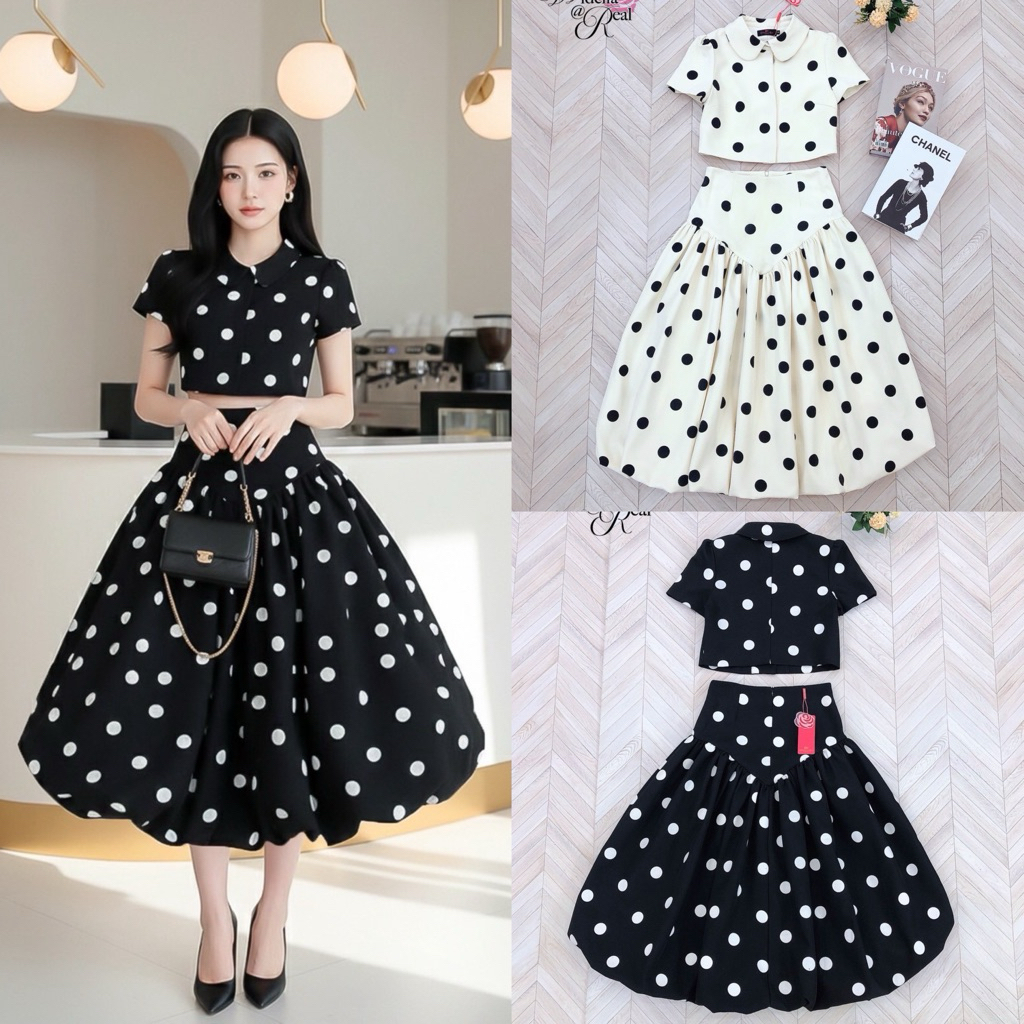 [Widelia @ Real] Set เสื้อกับกระโปรงบอลลูน ตัวเสื้อทรงเชิ้ต แขนสั้น ติดกระดุมหน้า เนื้อผ้าลายจุด