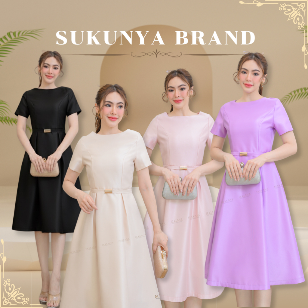 Sukunya 6418:งานเดรสผ้าไหมจิตรลดา คอกลม แขนสั้น