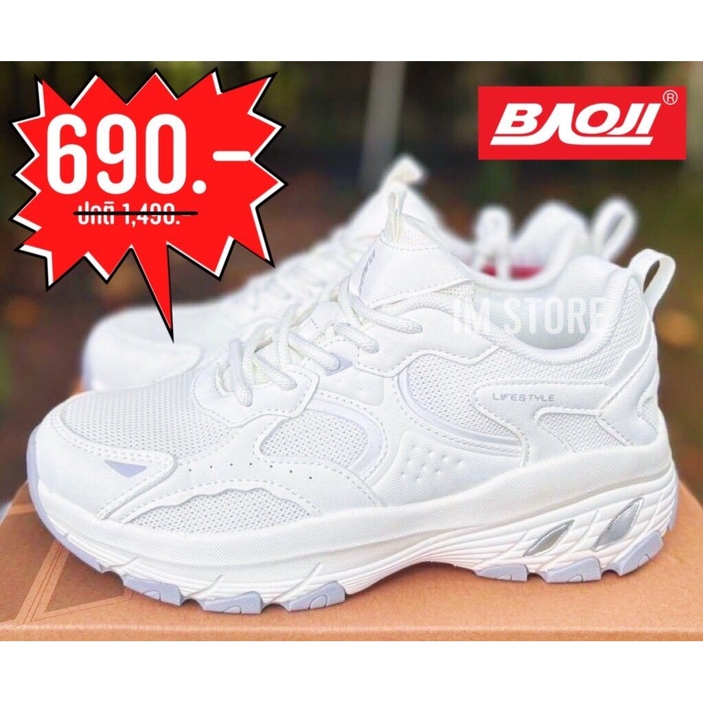 💥✨️ BAOJI รองเท้าผ้าใบ บาโอจิ ลิขสิทธิ์แท้ SALE พื้นหนา เสริมส้น ผู้หญิง ใส่ลำลอง ออกกำลังกาย เที่ยว สีขาวล้วน