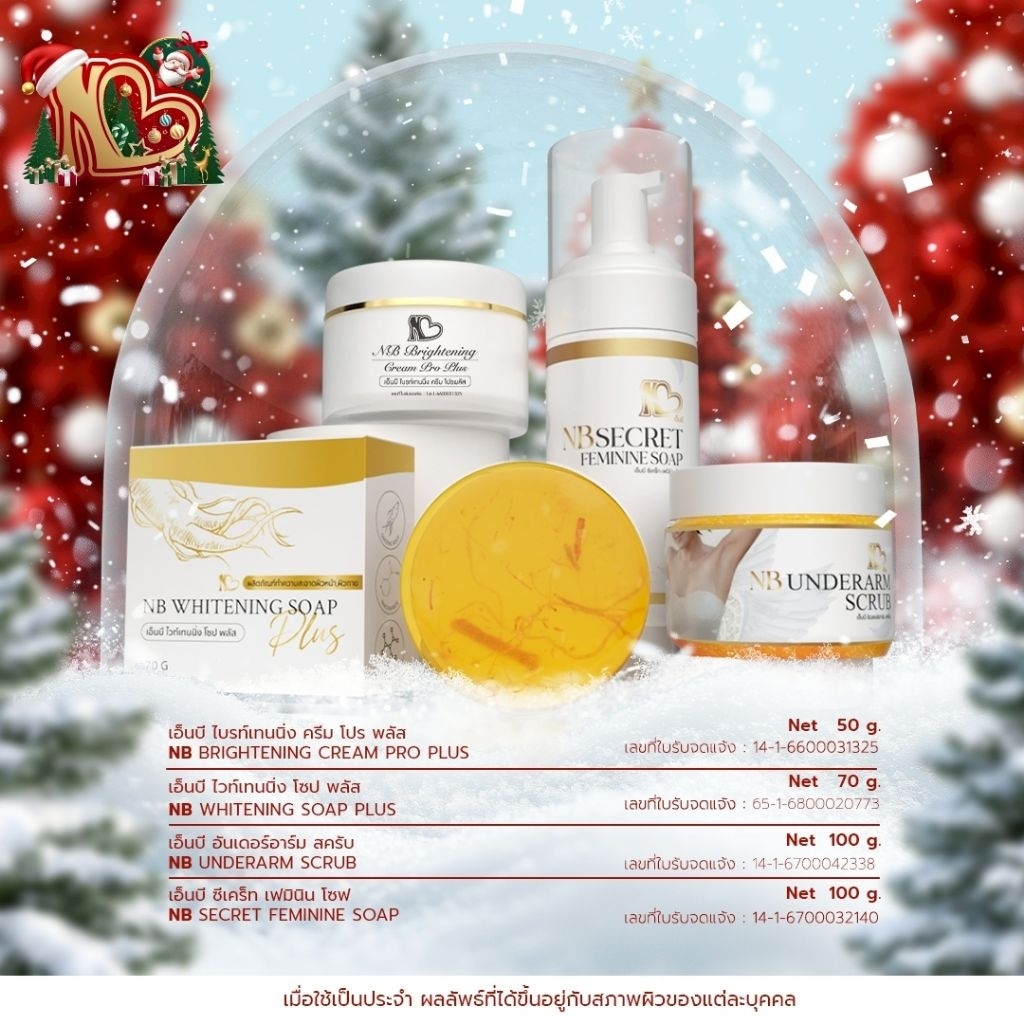 1 NB Brightening Cream ProPlus, 1 NB Whitening Soap Plus, 1 NB Underarms Scrub, 1 NB Secret Feminine