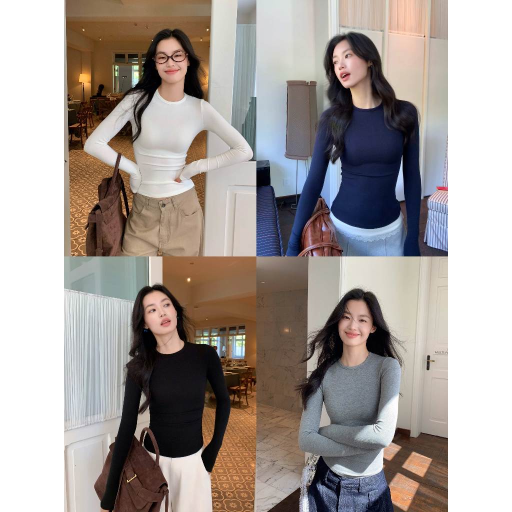 เสื้อยืดแขนยาวผู้หญิงสีพื้น สวยเซ็กซี่เบาๆ สาวอวบใส่ได้ คุ้มค่าทุกวัน