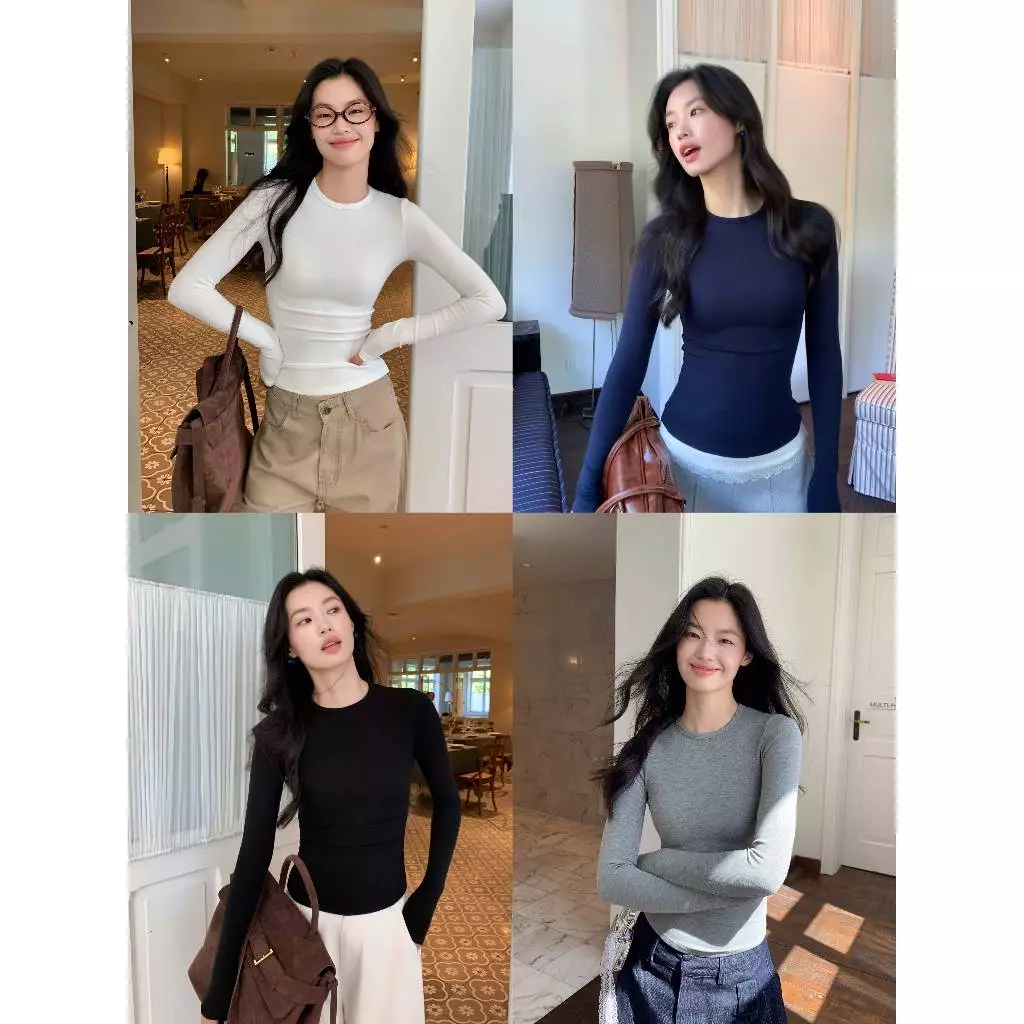 เสื้อยืดเเขนยาว เสื้อยืดผู้หญิง สีพื้น เซ็กซี่เบาๆ สาวอวบใส่ได้#2277