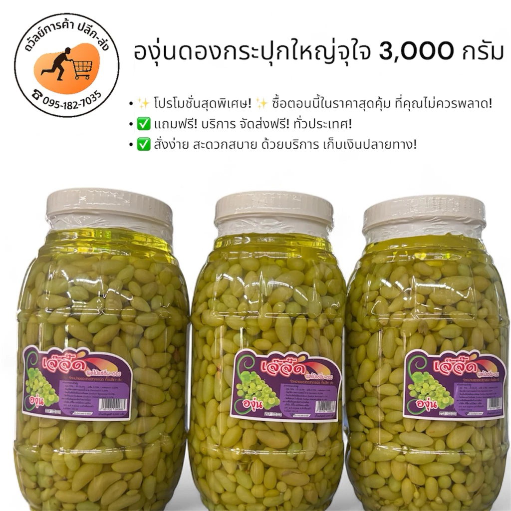 องุ่นดอง ผลไม้ดอง-แช่อิ่ม(น้ำหนักน้ำรวมเนื้อ3,000กรัม)1กระปุกใหญ่