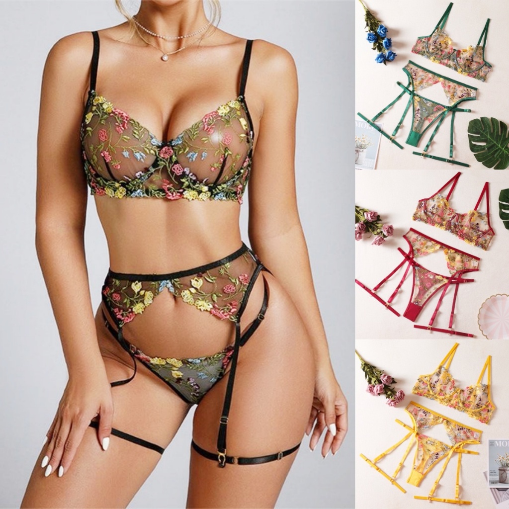 Sexy secrets⚜️⚜️ ชุดชั้นใน เซ็กซี่ ชุดชั้นในสามชิ้น ลายดอกไม้ ผ้าบางพิเศษ ระบายอากาศได้ดี