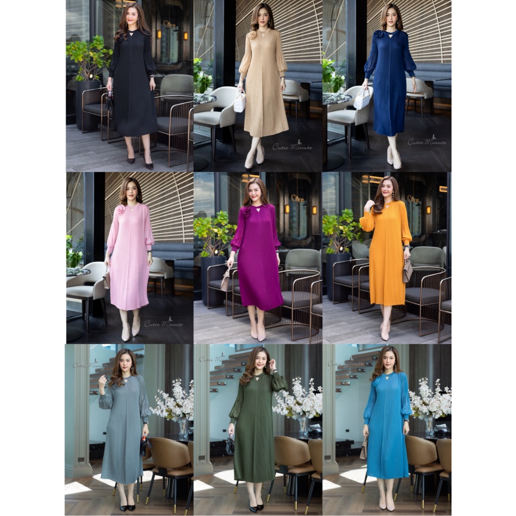 Cutie Minute PD03825 เดรสผ้าอัดพลีทลายกระดูกงู เนื้อผ้าสัมผัสนุ่ม เรียบหรู มาพร้อมความหรูด้วยดอกไม้