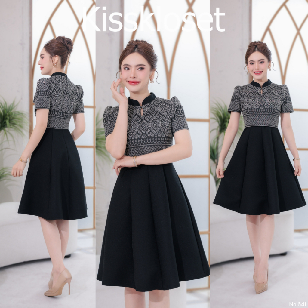 ชุดเดรสผ้าทอลายเนื้อฝ้าย คอจีน แต่งเว้าที่คอ กระโปรงจับจีบทวิส สวยดูแพงมากค๊า ซิปซ่อนด้านหลัง (S-5XL) KS641