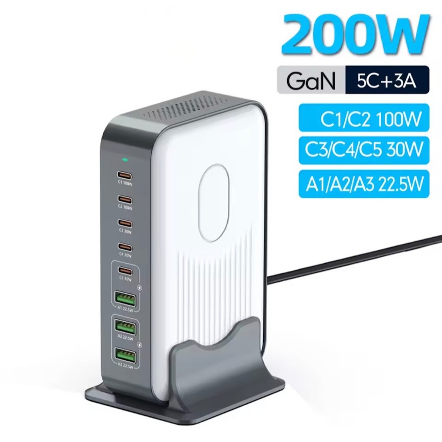 ที่ชาร์จ GaN 200W 6พอร์ต รองรับ PD ชาร์จเร็ว สำหรับ PD3.0 USB C 100W USB A 22.5W ใช้ได้กับโทรศัพท์ แ