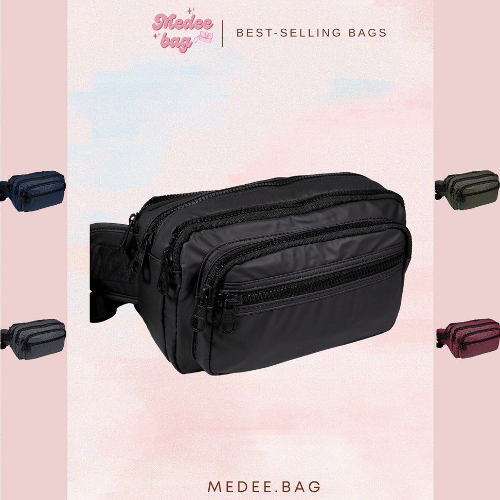กระเป๋าคาดเอวผ้า กันน้ำ ขนาด 9.5 นิ้ว 6 ช่องซิป ดีไซน์เรียบเท่ จัดเก็บครบ พกพาสะดวก ใช้งานทุกวันหรือ