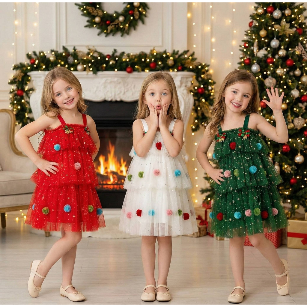 (พร้อ​มส่ง​)   ชุดคริสต์มาสใหม่ Star moon ชุดกระโปรง TuTu ตาข่ายคริสมาสต์