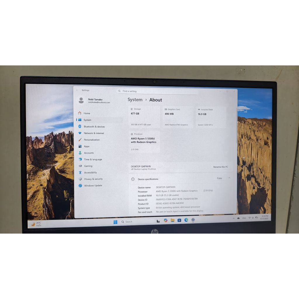 ขายโน๊ตบุ๊ค HP RYZEN 5 5500U มือสอง แรม16 รอม512 พร้อมที่ชาร์จ