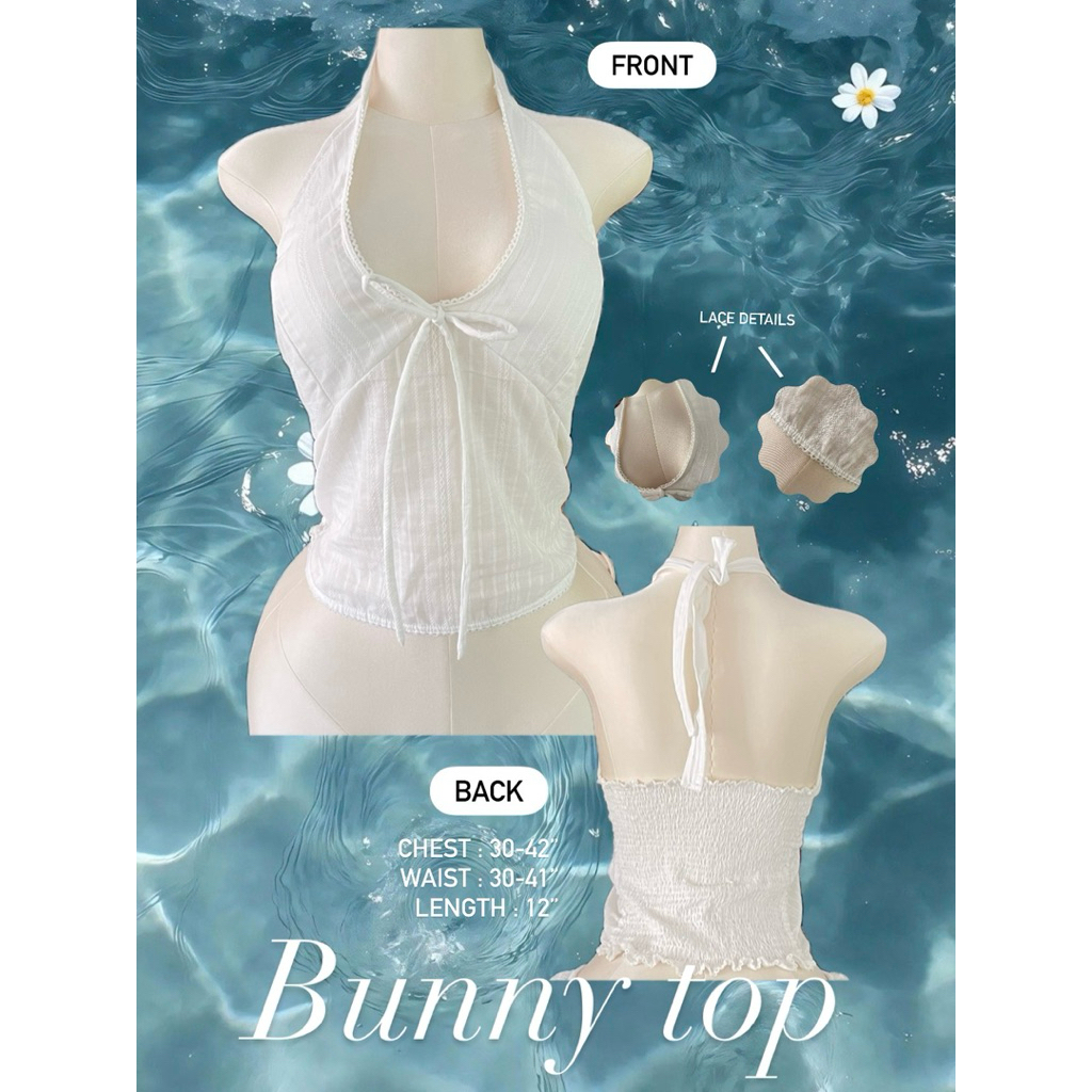 Bunny top✨ เสื้อผูกคอติดลูกไม้สม็อคหลัง ที่นางเเบบใส่เป็นสินค้าตัวอย่าง📌 *รบกวนอ่านรายละเอียดให้ครบก่อนสั่งนะคะ