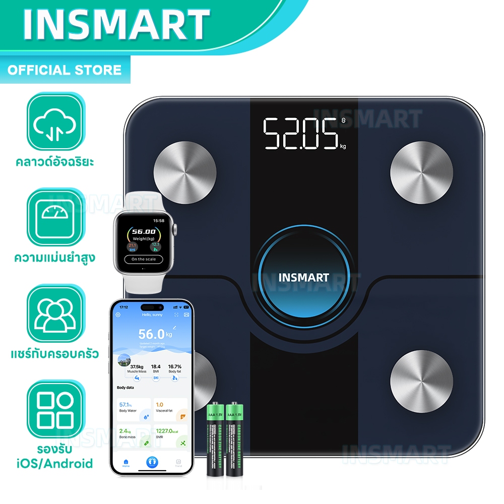 INSMARTเครื่องชั่งน้ำหนักBMIเครื่องชั่งไขมันในร่างกายอัจฉริยะ การวิเคราะห์ข้อมูลร่างกายAppผ่านบลูทูธ