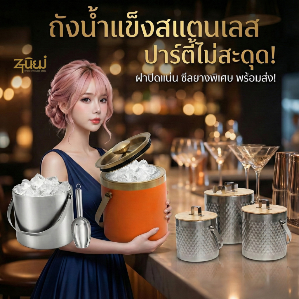 ถังน้ำแข็งสแตนเลส แบบสองชั้น ฝาปิดแน่น(มียางซีล) ใช้สำหรับเก็บน้ำแข็ง แช่เบียร์ ไวน์ แชมเปญ พร้อมส่ง