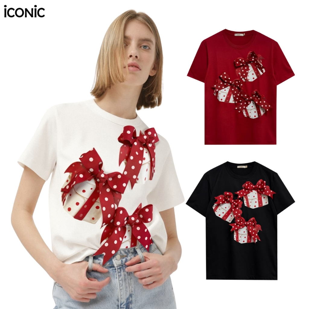 iCONiC POLKA GIFT T-SHIRT #20535 เสื้อยืด พิมพ์ลาย กล่องของขวัญ โบว์แดง ลายจุด christmas