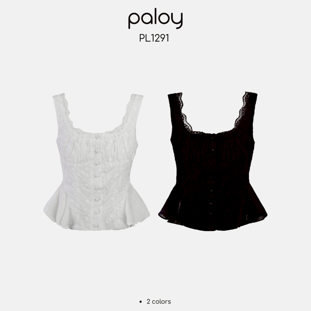 Paloy - PL1291 เสื้อแฟชั่นขอบลูกไม้ฉลุปักดอกไม้ กระดุมหน้า