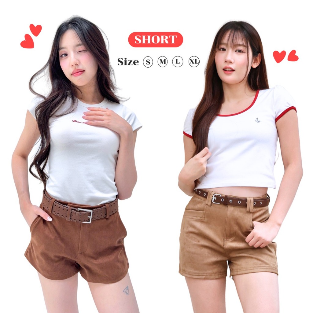 JARINYA (S-XL) กางเกงขาสั้นหนังกลับ+เข็มขัด ผ้าหนาอย่างดี (C26/C32)