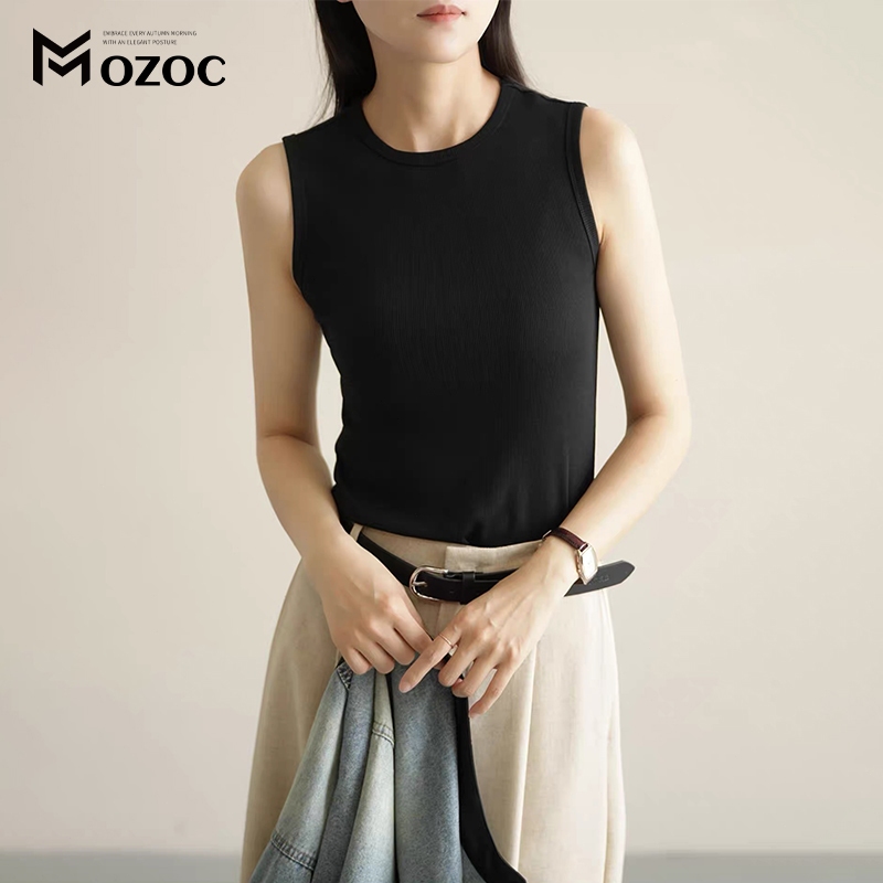 MOZOC ต้นฤดูใบไม้ผลิฤดูร้อนใหม่ร้อยพื้นฐานกลางตะเข็บแขนกุดพิมพ์ด้านล่างเสื้อกั๊กผู้หญิงฝรั่งเศสพรีเมี่ยมรู้สึกรอบคอด้านบ